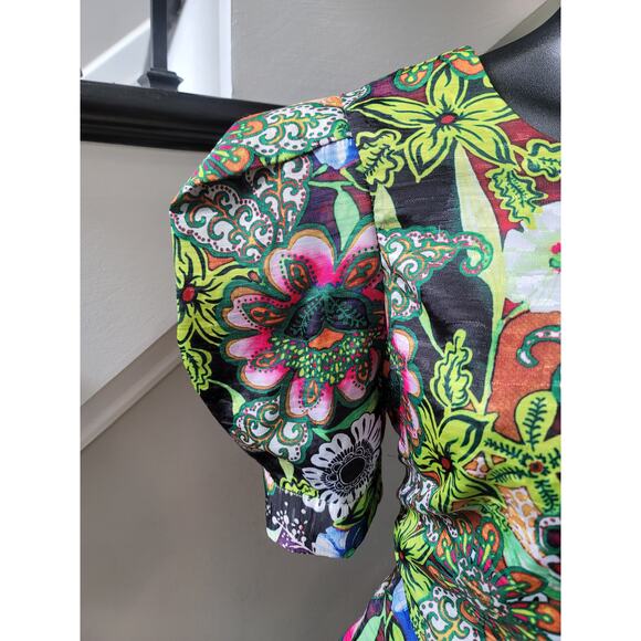 Kosmios Shirt Women's Large Multicolor Puff Sleeve Peplum Top High Low - Picture 4 of 14